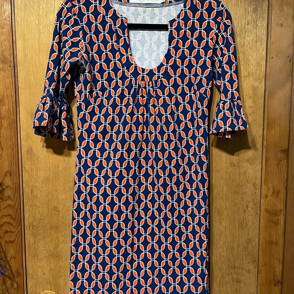 Tracy Negoshian Blue and Orange Sheath Dress with Bell Sleeves